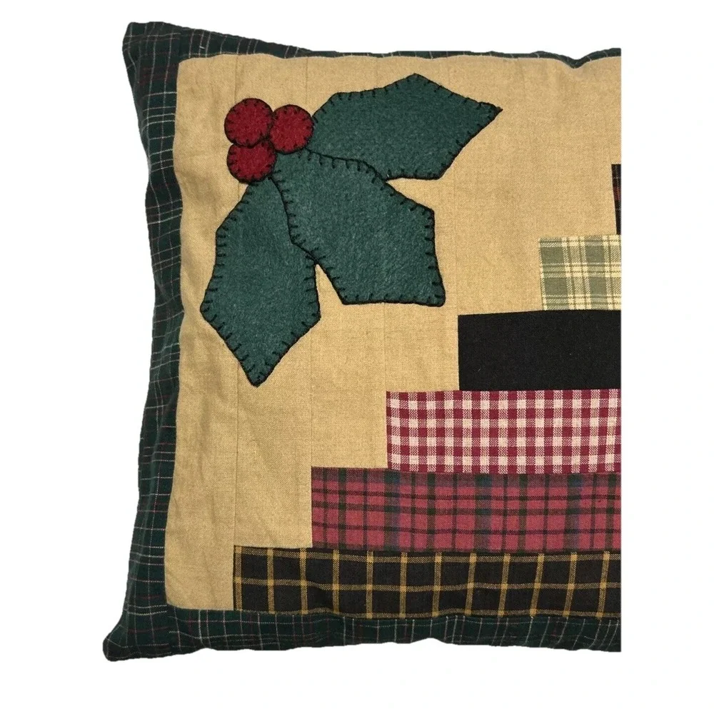 Pillow Christmas Holly Patchwork Handmade Open Back Cover Green Red 12